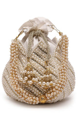 Lotus White And Gold Pearl Embellished Faux Silk Potli