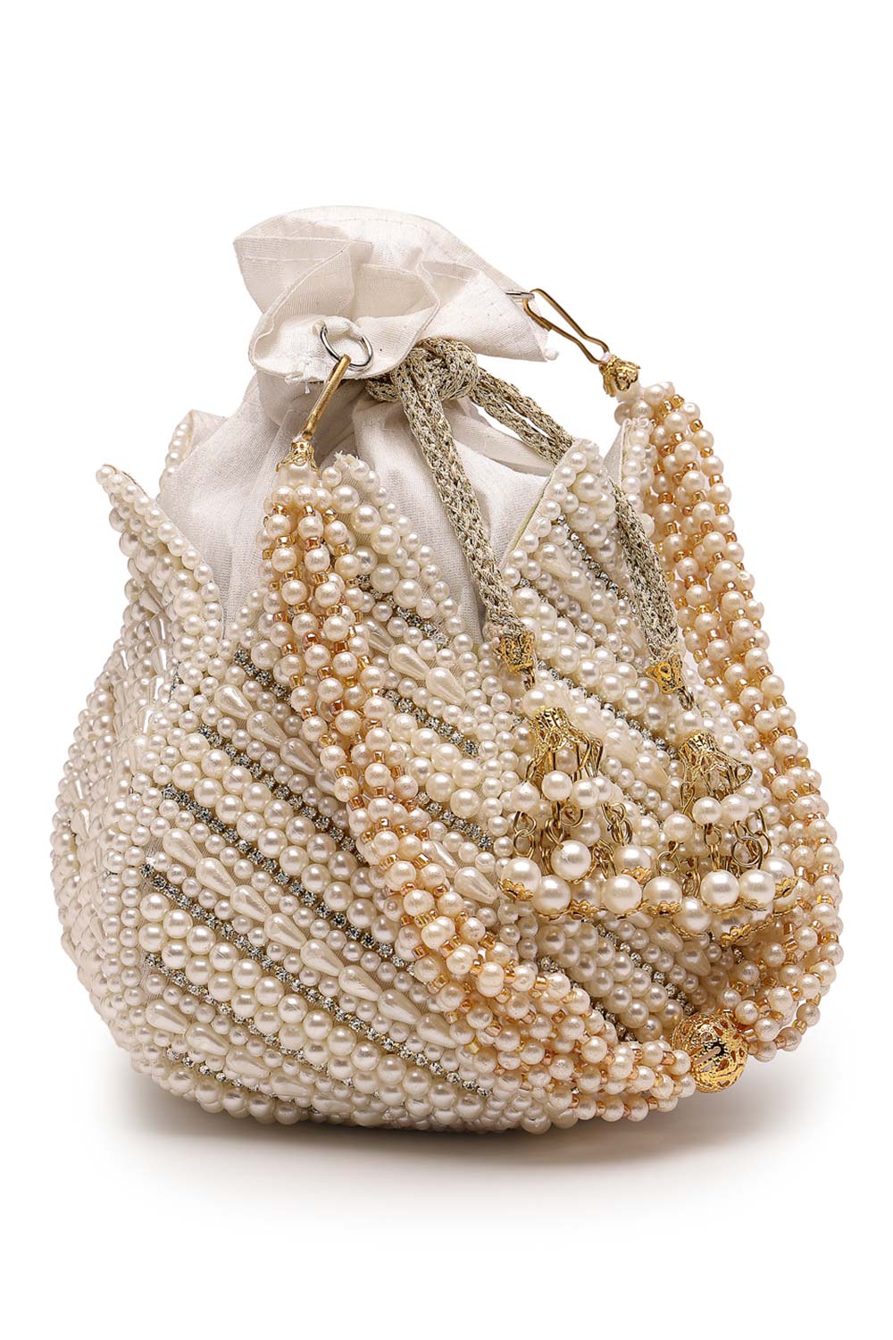 Lotus White And Gold Pearl Embellished Faux Silk Potli