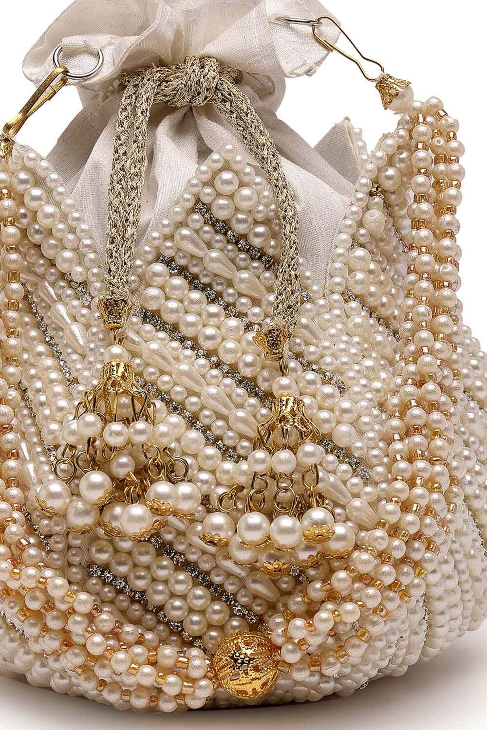 Lotus White And Gold Pearl Embellished Faux Silk Potli