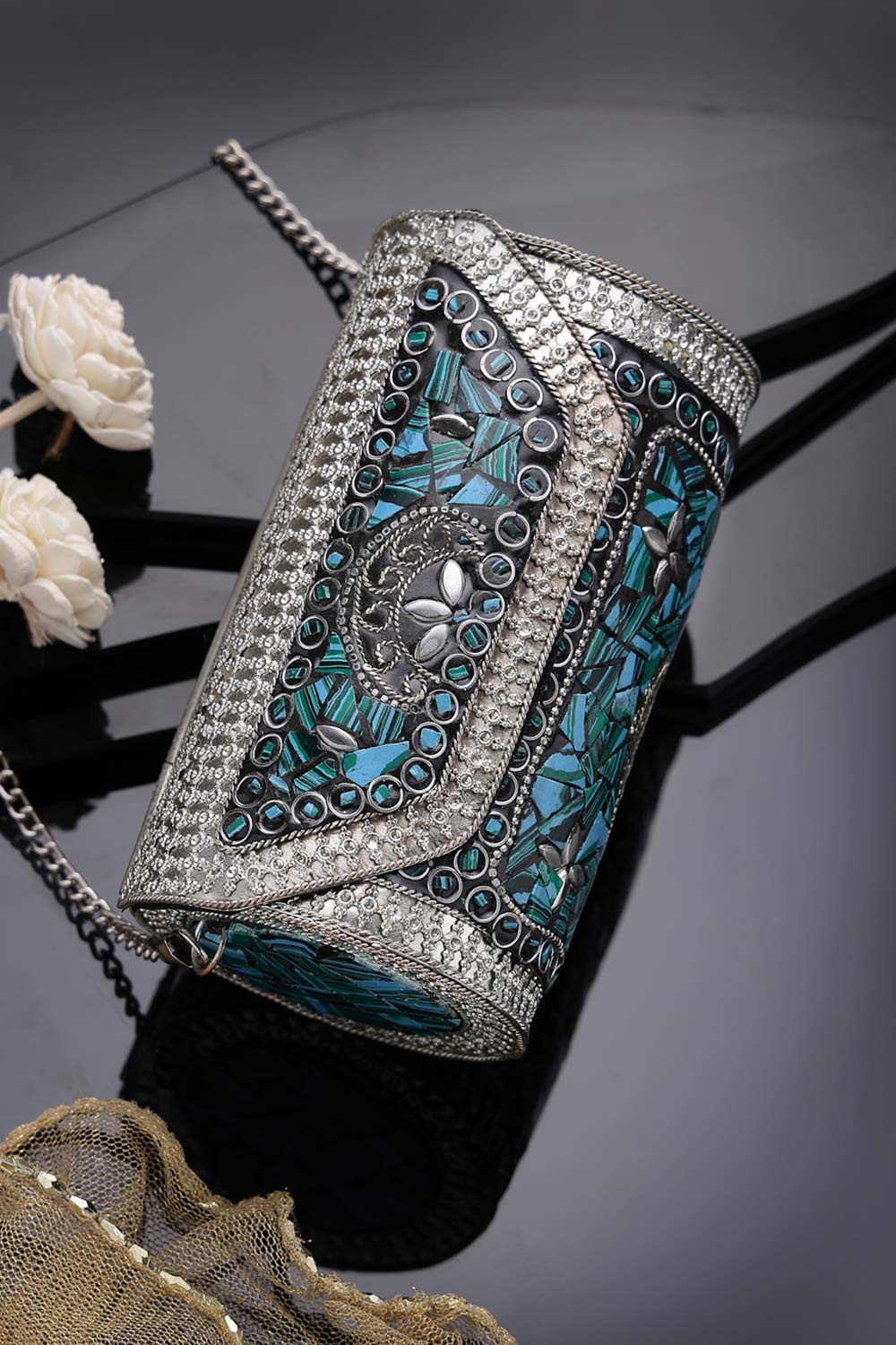 Mosaic Turquoise Blue And Silver Mosaic Embellished Metal Clutch