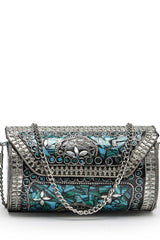 Mosaic Turquoise Blue And Silver Mosaic Embellished Metal Clutch