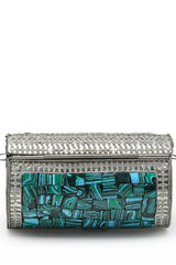 Mosaic Turquoise Blue And Silver Mosaic Embellished Metal Clutch