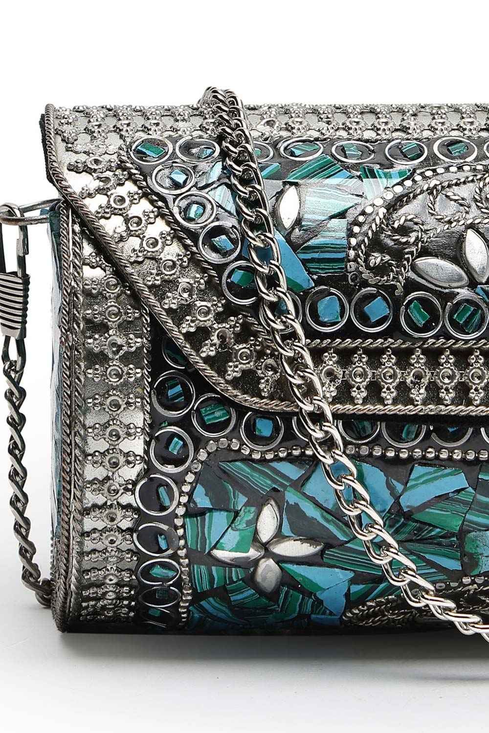 Mosaic Turquoise Blue And Silver Mosaic Embellished Metal Clutch