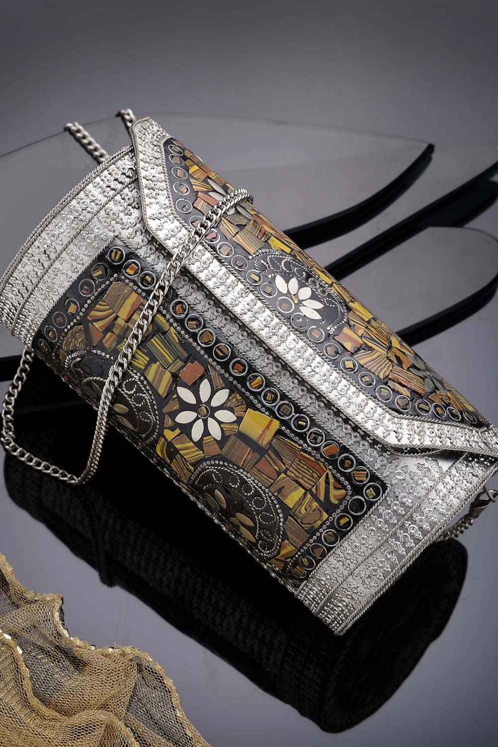 Mosaic Mustard And Silver Mosaic Embellished Metal Clutch