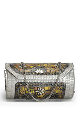 Mosaic Mustard And Silver Mosaic Embellished Metal Clutch