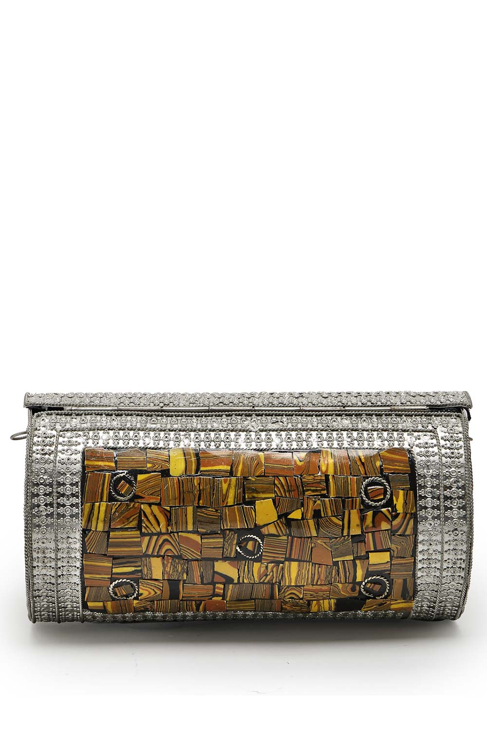 Mosaic Mustard And Silver Mosaic Embellished Metal Clutch