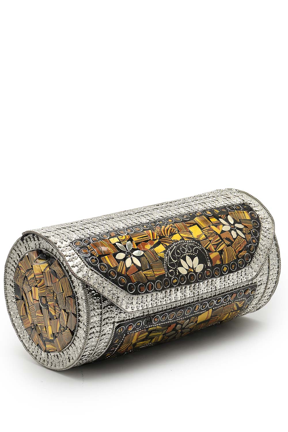 Mosaic Mustard And Silver Mosaic Embellished Metal Clutch