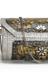 Mosaic Mustard And Silver Mosaic Embellished Metal Clutch