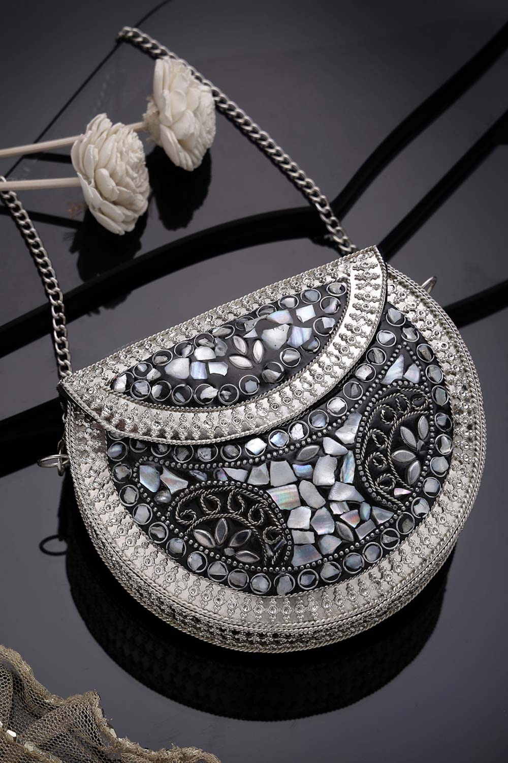 Mosaic Marble And Silver Mosaic Embellished Metal Clutch