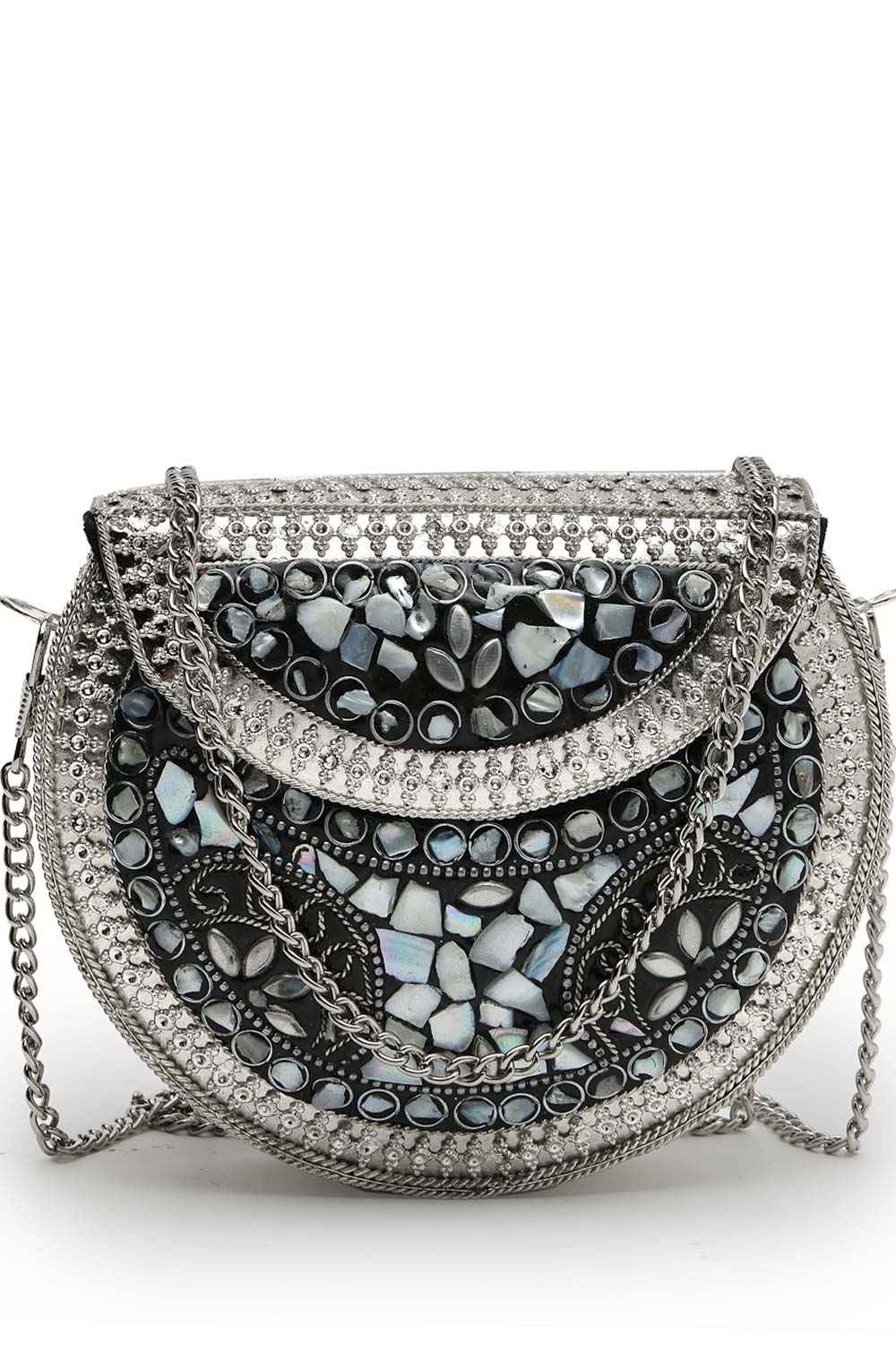 Mosaic Marble And Silver Mosaic Embellished Metal Clutch