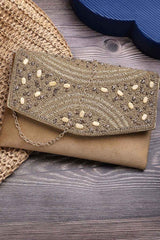 Adorn Beige And Gold Embellished Suede Clutch