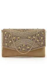 Adorn Beige And Gold Embellished Suede Clutch