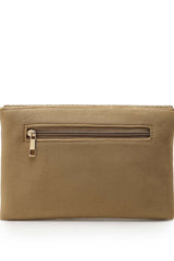 Adorn Beige And Gold Embellished Suede Clutch