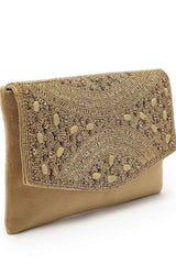 Adorn Beige And Gold Embellished Suede Clutch