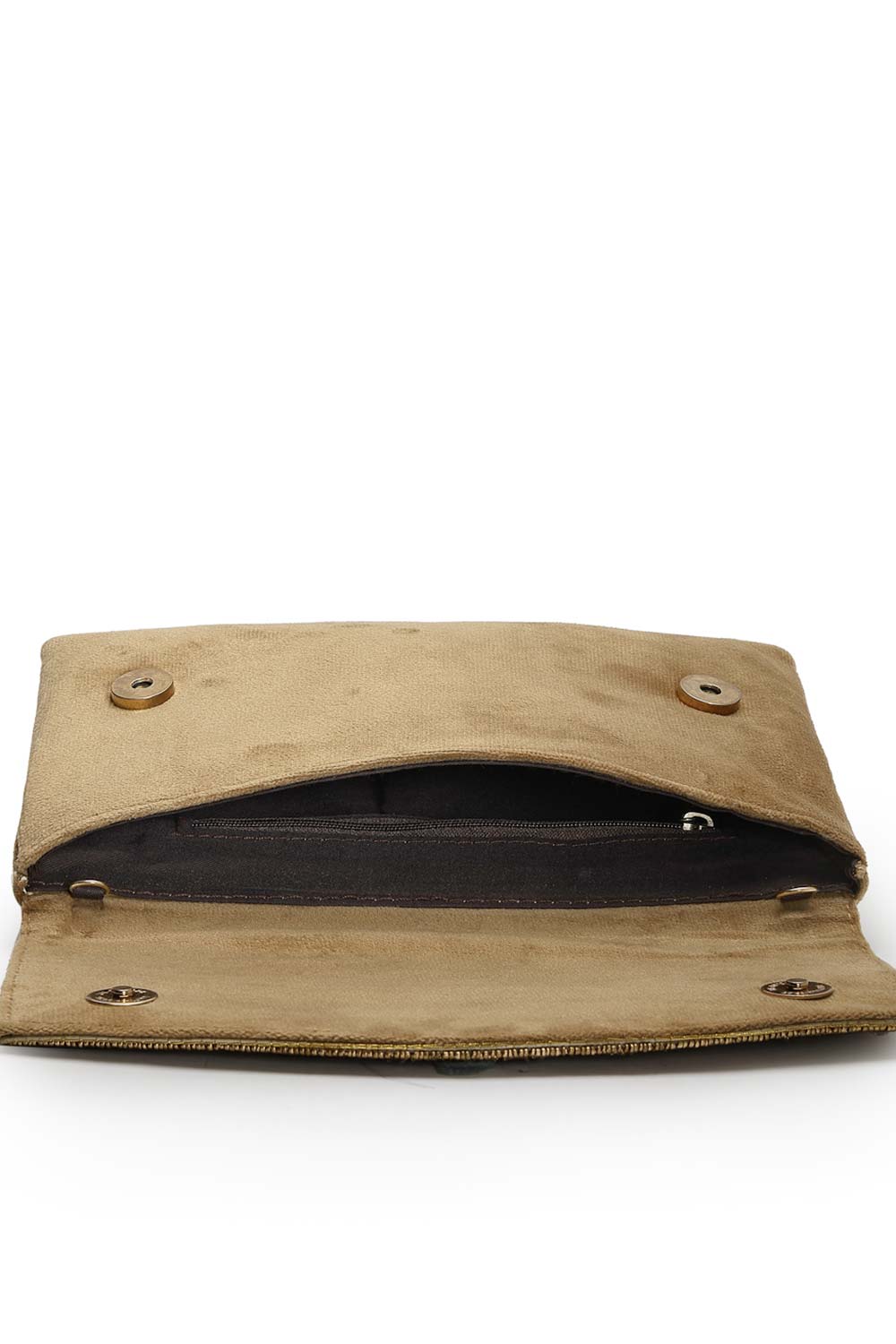 Adorn Beige And Gold Embellished Suede Clutch