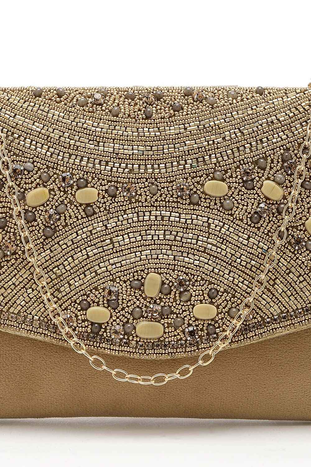 Adorn Beige And Gold Embellished Suede Clutch