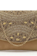 Adorn Beige And Gold Embellished Suede Clutch