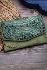 Adorn Bottle Green And Mehandi Embellished Suede Clutch