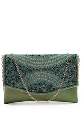 Adorn Bottle Green And Mehandi Embellished Suede Clutch