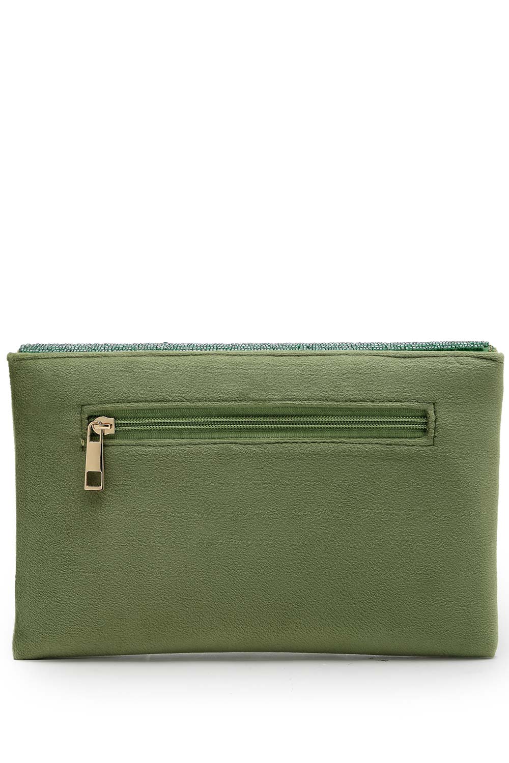 Adorn Bottle Green And Mehandi Embellished Suede Clutch