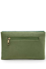 Adorn Bottle Green And Mehandi Embellished Suede Clutch