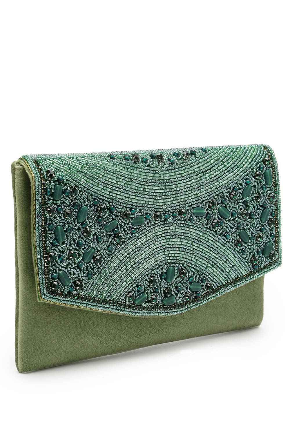 Adorn Bottle Green And Mehandi Embellished Suede Clutch