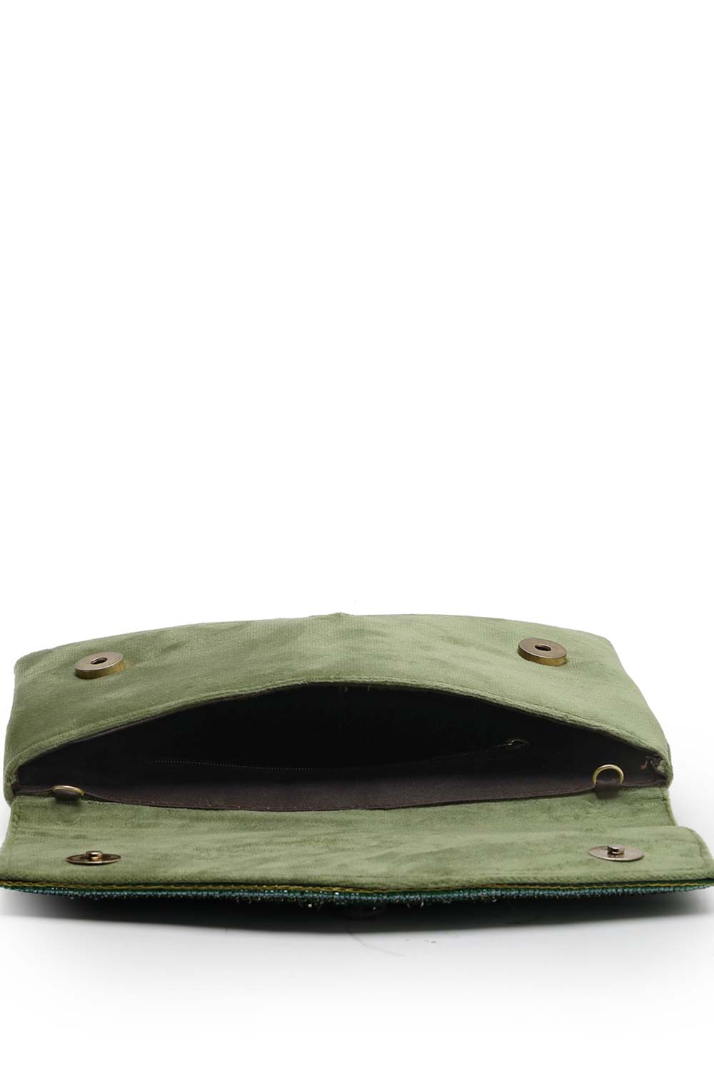 Adorn Bottle Green And Mehandi Embellished Suede Clutch