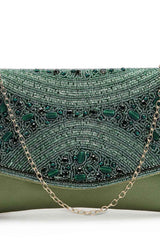 Adorn Bottle Green And Mehandi Embellished Suede Clutch