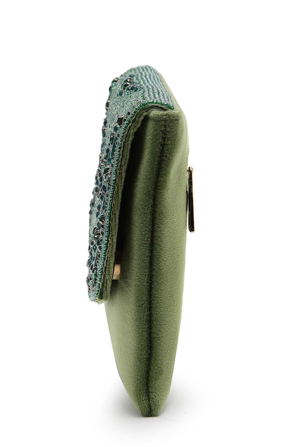 Adorn Bottle Green And Mehandi Embellished Suede Clutch