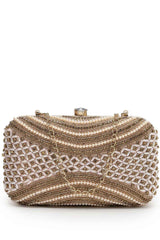 Adorn Baby Pink And Gold Embellished Faux Silk Clutch