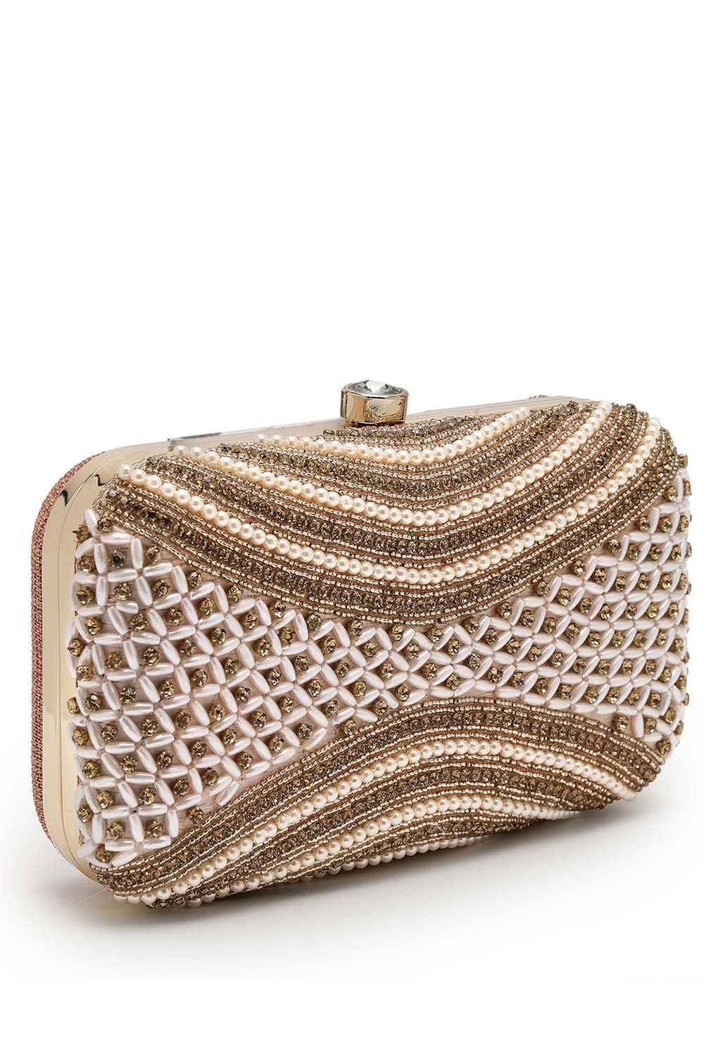 Adorn Baby Pink And Gold Embellished Faux Silk Clutch