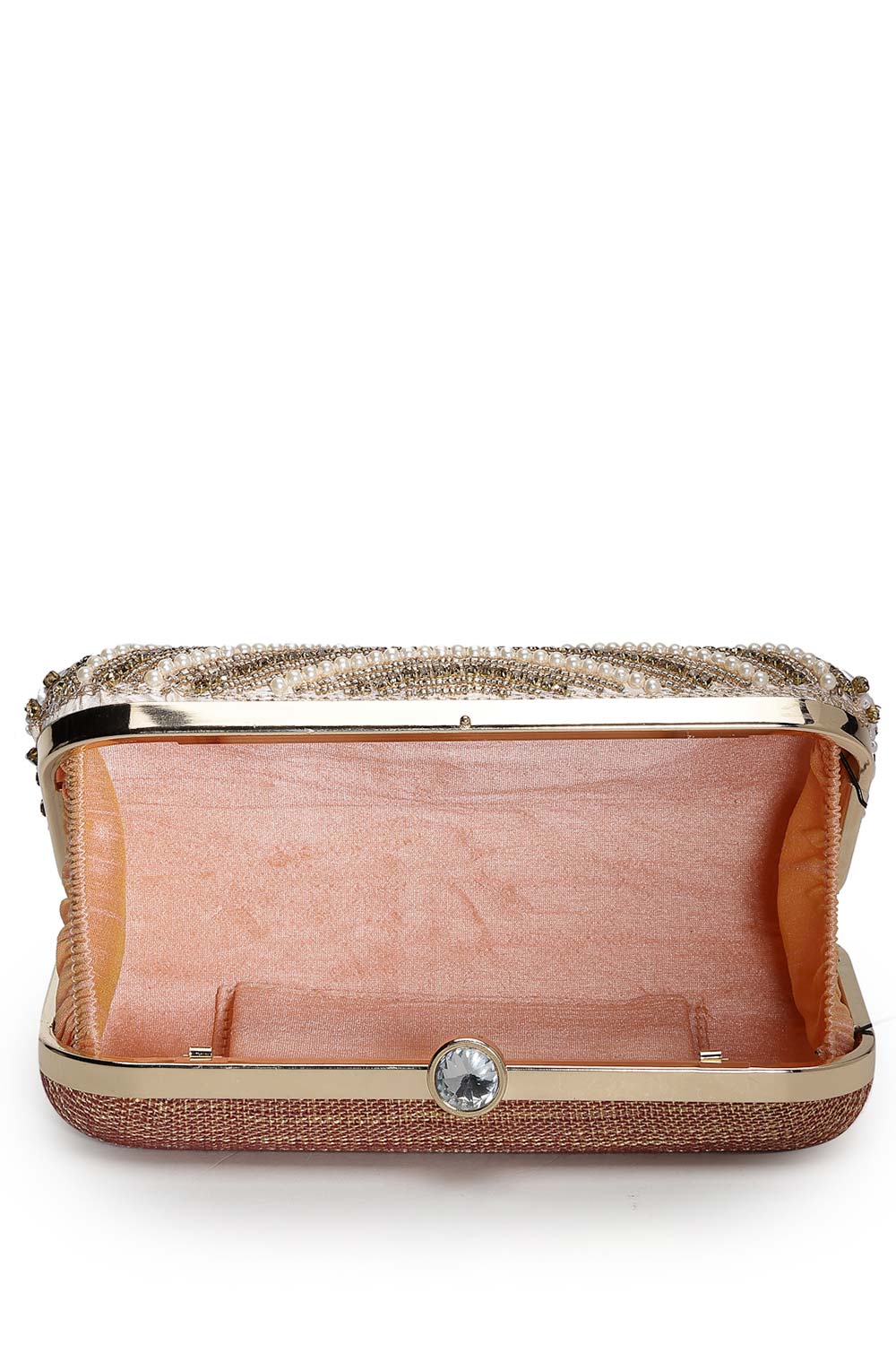 Adorn Baby Pink And Gold Embellished Faux Silk Clutch