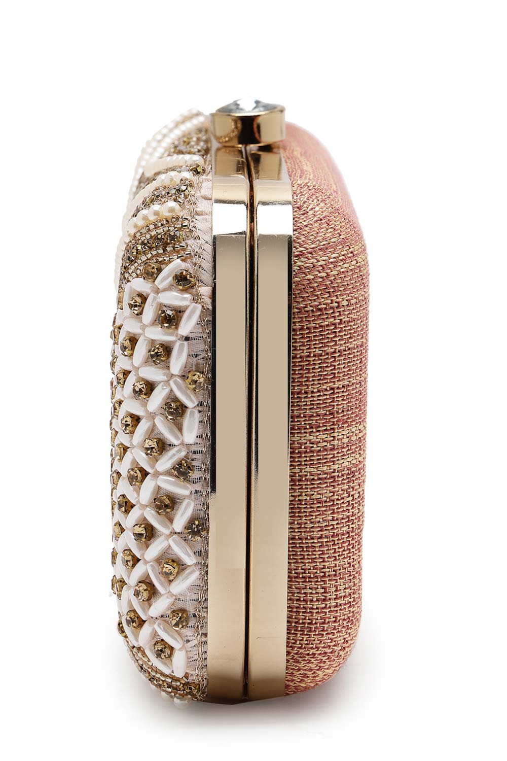 Adorn Baby Pink And Gold Embellished Faux Silk Clutch