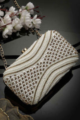 Adorn White And Gold Embellished Faux Silk Clutch