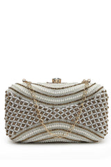 Adorn White And Gold Embellished Faux Silk Clutch