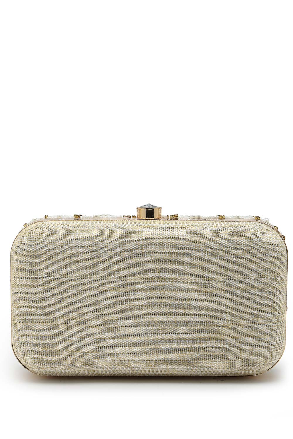 Adorn White And Gold Embellished Faux Silk Clutch