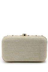 Adorn White And Gold Embellished Faux Silk Clutch