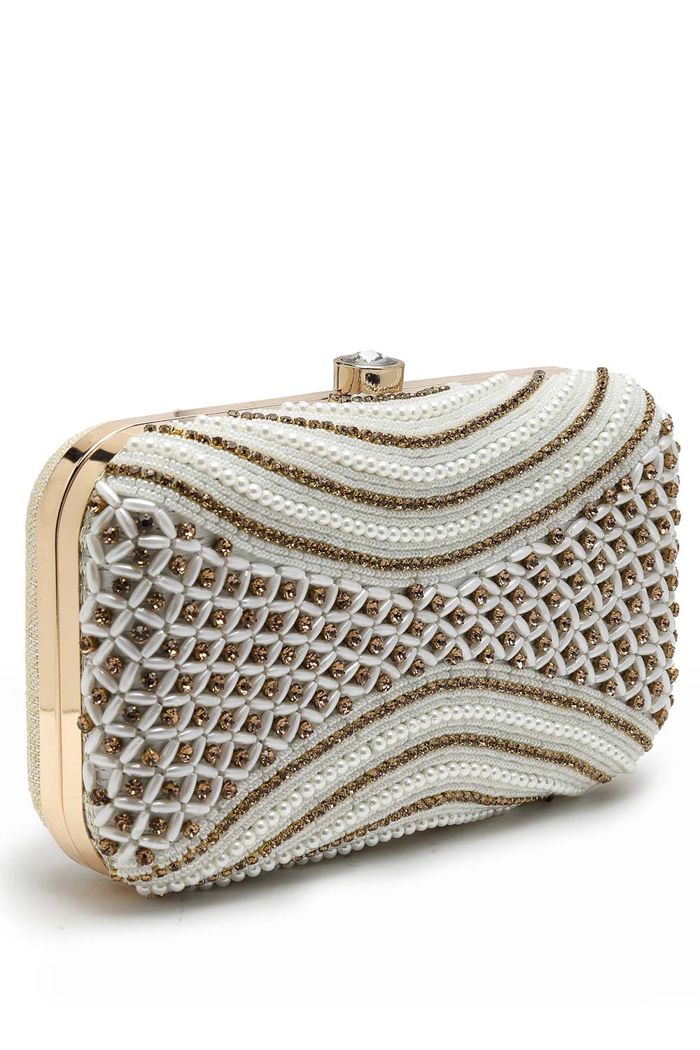 Adorn White And Gold Embellished Faux Silk Clutch