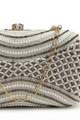 Adorn White And Gold Embellished Faux Silk Clutch