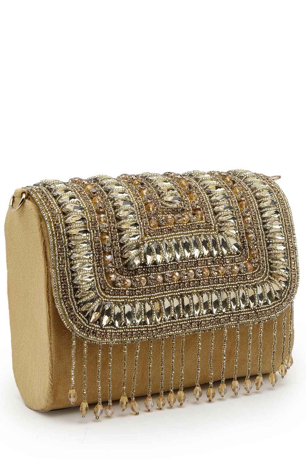 Droop Nude And Gold Stone Embellished Suede Clutch