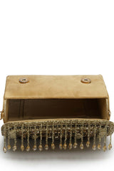 Droop Nude And Gold Stone Embellished Suede Clutch