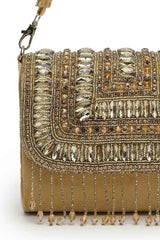 Droop Nude And Gold Stone Embellished Suede Clutch