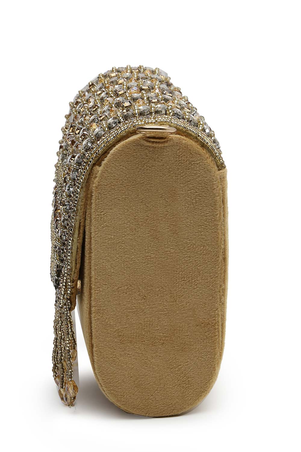 Droop Nude And Gold Stone Embellished Suede Clutch