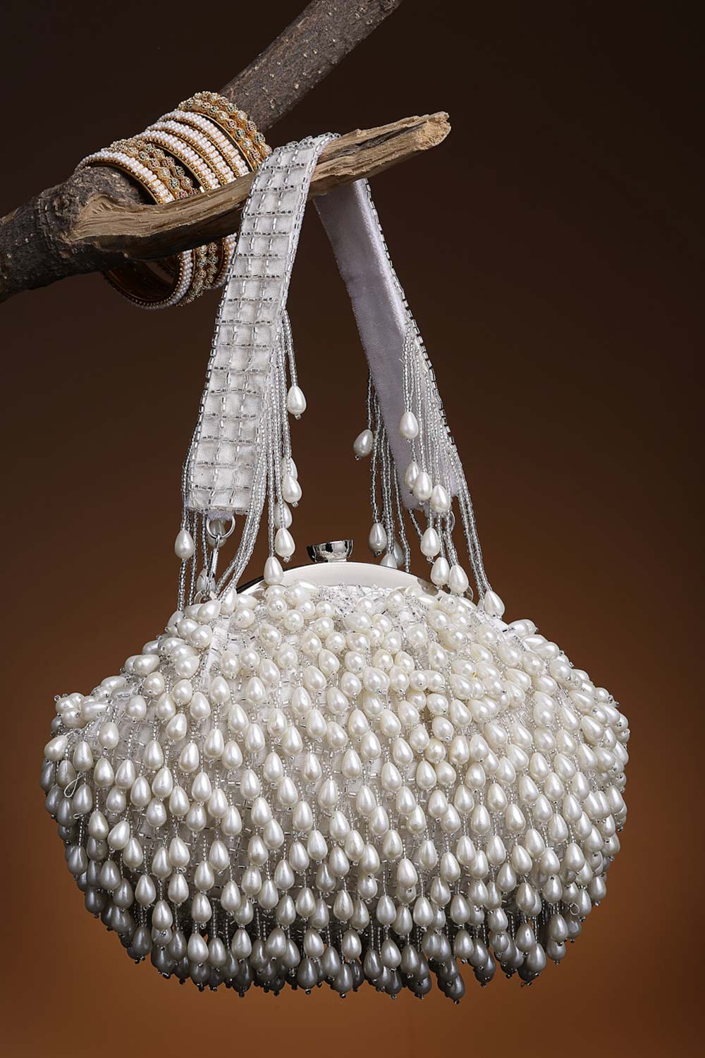 Droop Pearl And Off White Pearl Embellished Faux Silk Clutch