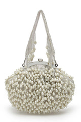 Droop Pearl And Off White Pearl Embellished Faux Silk Clutch