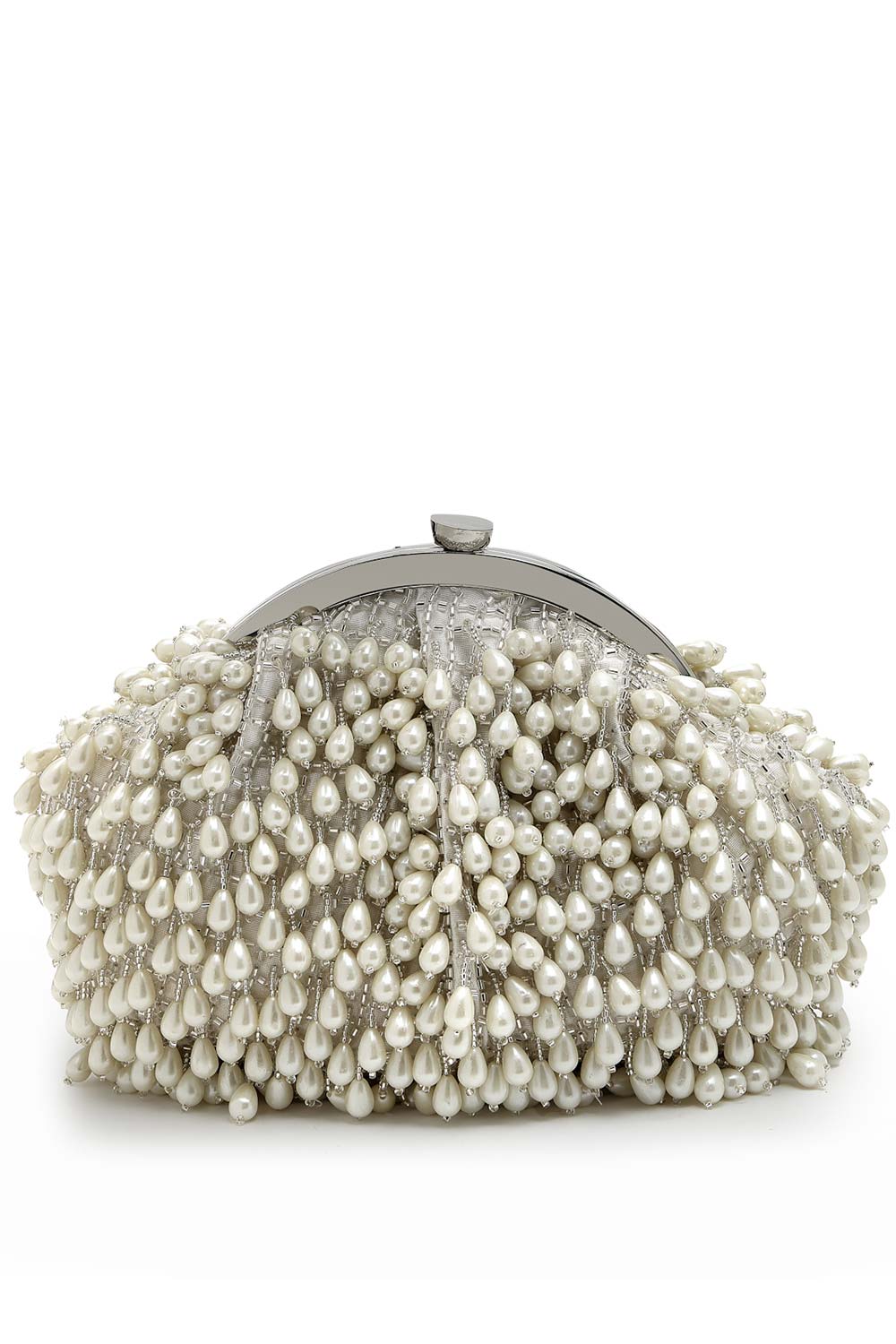 Droop Pearl And Off White Pearl Embellished Faux Silk Clutch