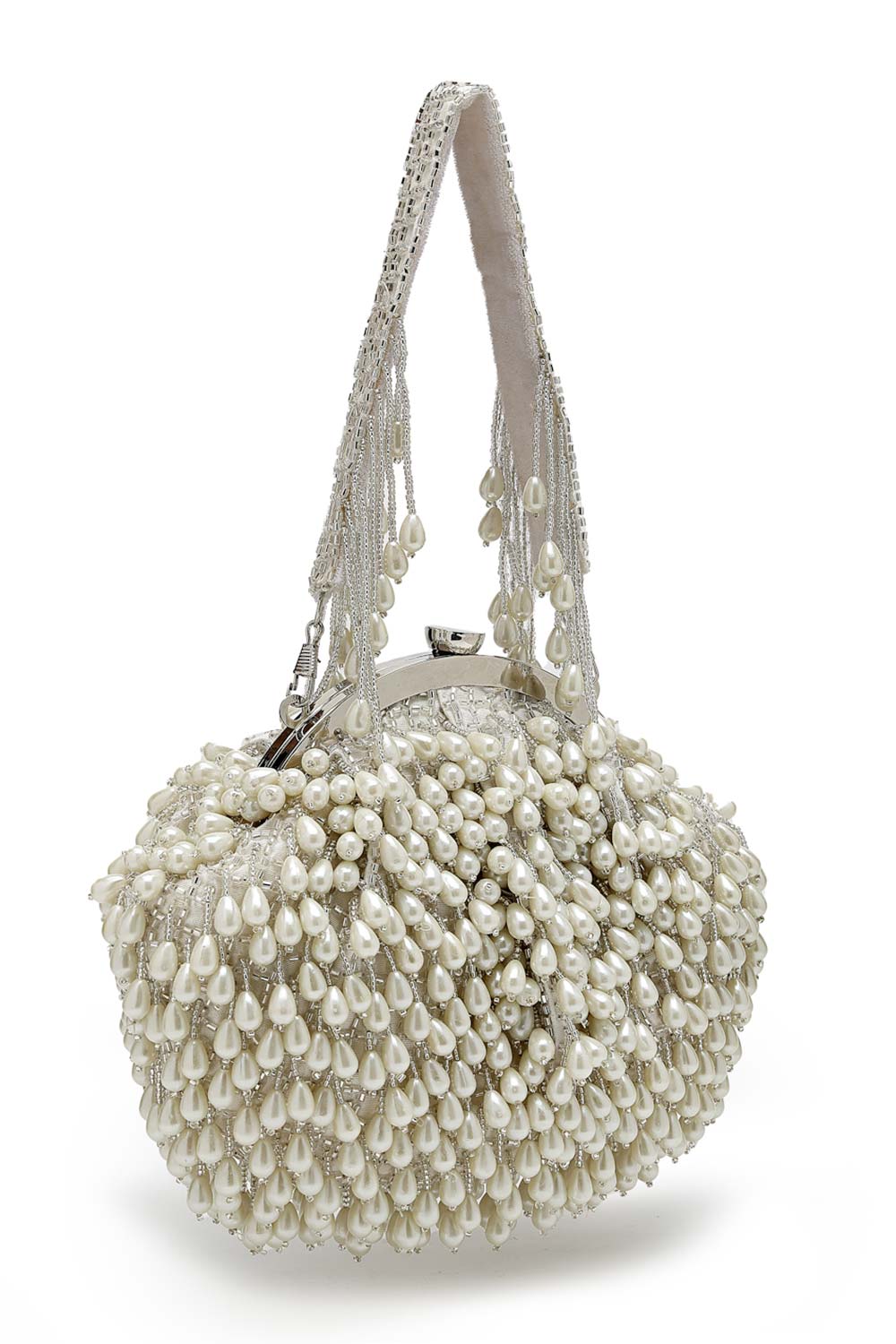 Droop Pearl And Off White Pearl Embellished Faux Silk Clutch