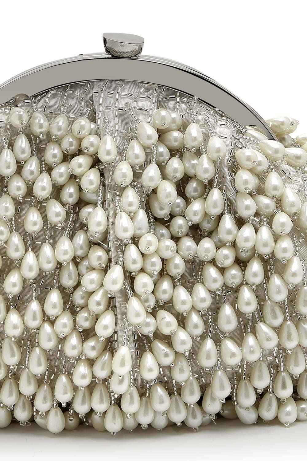 Droop Pearl And Off White Pearl Embellished Faux Silk Clutch