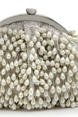 Droop Pearl And Off White Pearl Embellished Faux Silk Clutch