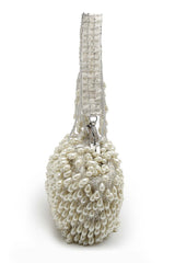 Droop Pearl And Off White Pearl Embellished Faux Silk Clutch